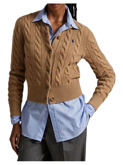 Cardigan girocollo in maglia di lana e cashmere a trecce color cammello con ricamo Pony Polo Ralph Lauren | 211-972104-001CAMEL MELANGE